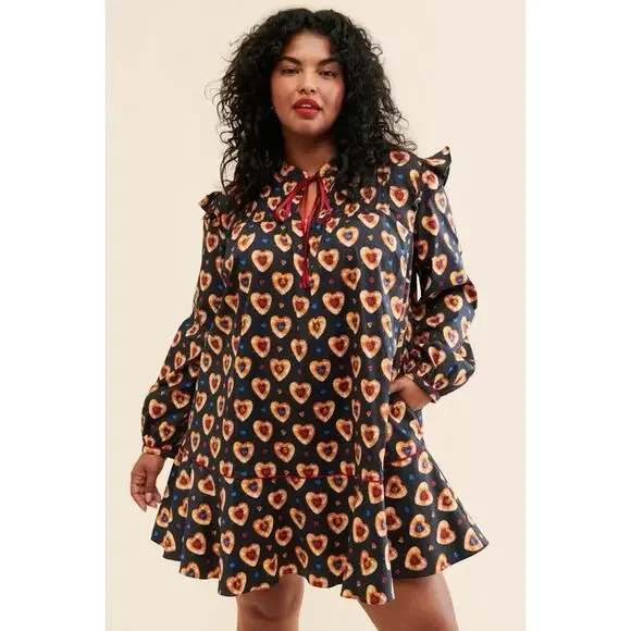 Rachel Antonoff Long Sleeve Mini Laura Dress 100% Cotton Heart Cookies Tie Neck - Picture 5 of 12